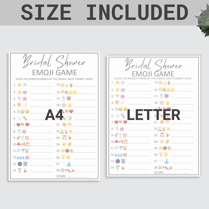 Puede incluir: Dos tarjetas de juego de despedida de soltera imprimibles con el t&iacute;tulo "Bridal Shower Emoji Game". Cada tarjeta tiene 14 l&iacute;neas con un emoji y un espacio en blanco para escribir la respuesta. El texto "Adivina las palabras/frases por los emojis. &iexcl;El que m&aacute;s acierte gana!" est&aacute; en la parte superior de cada tarjeta.