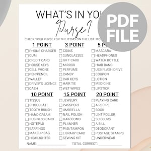 May include: A printable game sheet titled "What's in Your Purse?" with a checklist of items worth different point values. The game is designed to be played by checking off items found in a purse. A PDF file logo is in the upper right corner.
