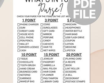 What's In Your Purse Game | Printable Purse Game | Fun Girls Night In Game | What's in Your Bag Game | Bridal Shower Game | Baby Shower Game