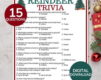 Reindeer Trivia Game | Christmas Reindeer Trivia Game | Printable Reindeer Quiz | Christmas Office Party Games | Christmas Family Activity