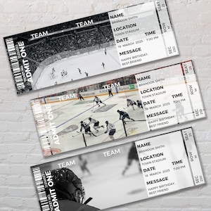 May include: Three black and white hockey ticket stubs with a photo of a hockey game on each. The tickets are for a game at Town Stadium on March 19, 2025 at 7:00 PM. The message on the tickets says "Happy Birthday, Best Friend".