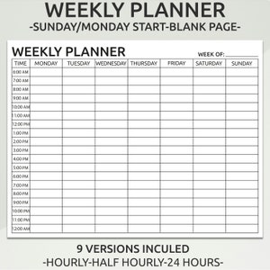 Printable Weekly Planner | Weekly Schedule | Hourly Weekly Planner | Printable Half Hour Time Planner | Time Blocking | Weekly To Do List