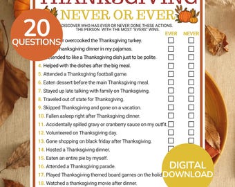 Thanksgiving Ever or Never Game | Printable Thanksgiving Family Game | Thanksgiving Icebreaker Game | Thanksgiving Activity For Kids & Adult