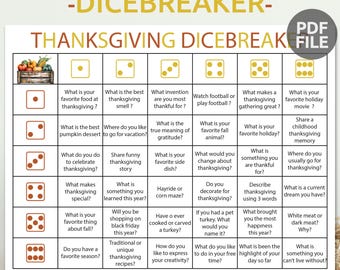 May include: A Thanksgiving dice breaker game with 36 different prompts for conversation starters. The game board is a grid with six rows and six columns. Each square has a different prompt related to Thanksgiving. The game is designed to be played with a standard six-sided die.