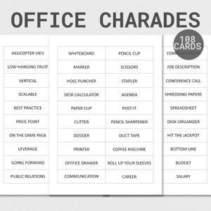 May include: A printable set of 108 office charades cards with a variety of office-themed words and phrases. The cards are designed for a fun and engaging game of charades.