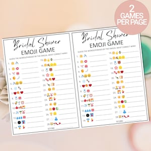 Puede incluir: Dos tarjetas de juego de despedida de soltera imprimibles con el t&iacute;tulo "Bridal Shower Emoji Game". Cada tarjeta tiene 14 l&iacute;neas con un n&uacute;mero, un emoji y una l&iacute;nea en blanco para escribir la respuesta. Las instrucciones son "Adivina las palabras/frases por los emojis. &iexcl;El que m&aacute;s acierte gana!"
