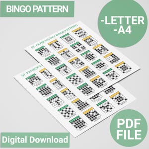 Puede incluir: Dos hojas de patrones de bingo del D&iacute;a de San Patricio. Cada hoja tiene m&uacute;ltiples tarjetas de bingo con varios patrones. Tambi&eacute;n son visibles las palabras "BINGO PATTERN", "Digital Download", "PDF FILE" y "-LETTER -A4".