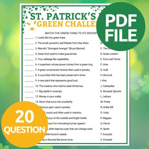 May include: A St. Patrick's Day themed PDF file with a green challenge game. The game includes 20 questions to match green items to their descriptions. The design features shamrocks and a large green circle with the text "PDF FILE".