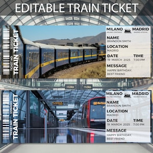 Plantilla de boleto de tren / Boleto de tren / Plantilla de boleto de tren editable / Tarjeta de embarque / Comprobante de tren / Regalo de cumpleaños imprimible para boleto de tren