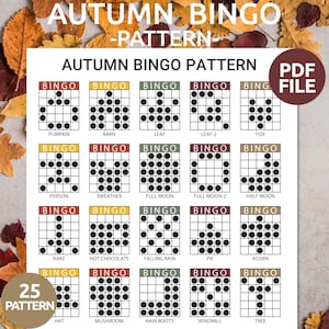 Puede incluir: Una hoja blanca con un diseño de "Autumn Bingo Pattern". La hoja presenta 25 cartones de bingo con imágenes temáticas de otoño como calabazas, hojas y bellotas. Las palabras "PDF FILE" están en un círculo marrón. Las palabras "25 PATTERN" están en un círculo.