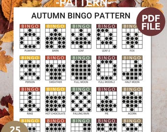 Autumn Bingo Pattern | Fall Bingo Card | Printable Autumn Bingo Party Game | Autumn Bingo | 25 Autumn Bingo Patterns | Printable Fall Games