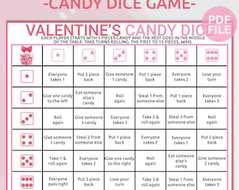Printable Valentines Dice Game | Valentine's Day Candy Dice Game | Valentine's Day Dice Activity | Valentine Kids Game | Roll The Dice Game