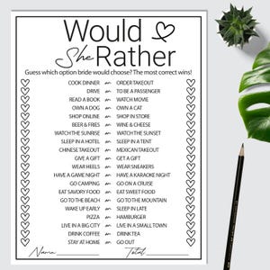 May include: A black and white printable "Would She Rather" game with 16 questions for a bridal shower or hen party. Each question has two options, and players guess which option the bride would choose.