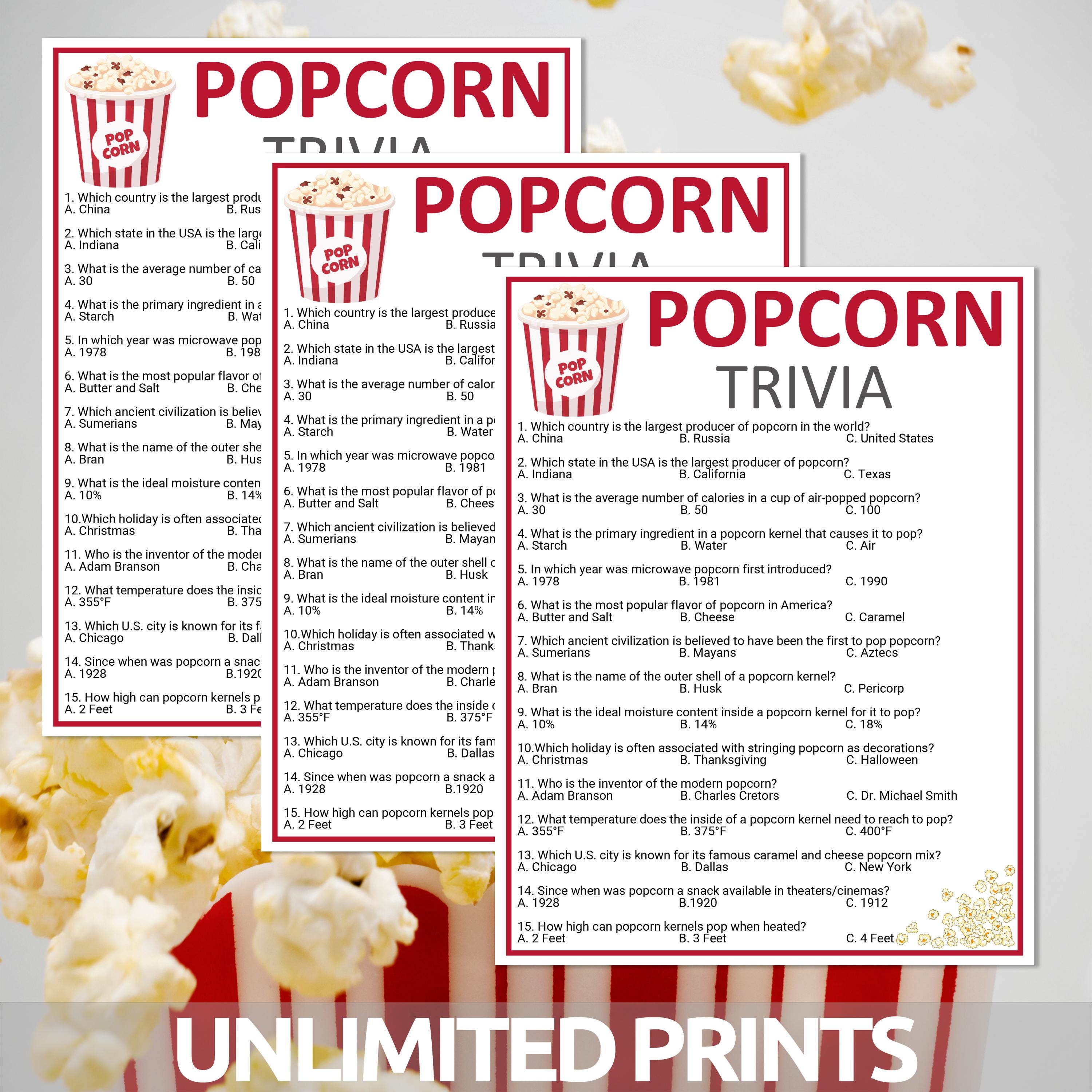 Popcorn Trivia Game Printable Popcorn Trivia Popcorn Quiz Game 