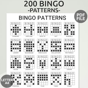 200 patrones de bingo / Juego de bingo divertido para fiestas imprimible / Patrones ganadores de bingo / Alfabeto, números, signos y formas de bingo / Descarga en PDF