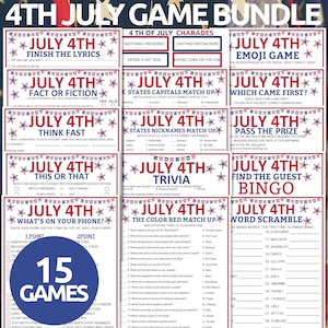 Può includere: Un pacchetto di 15 giochi stampabili per il 4 luglio, tra cui quiz, bingo e cruciverba. I giochi presentano disegni patriottici rossi, bianchi e blu e testi come "Finish the Lyrics" e "Emoji Game".