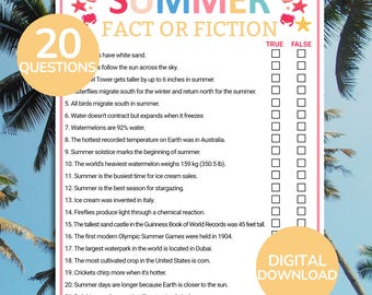 Summer Fact or Fiction Game | Summer Trivia Game | Summer True or False Game | Summer Activity | Summer Printable Games | Summer Party Games