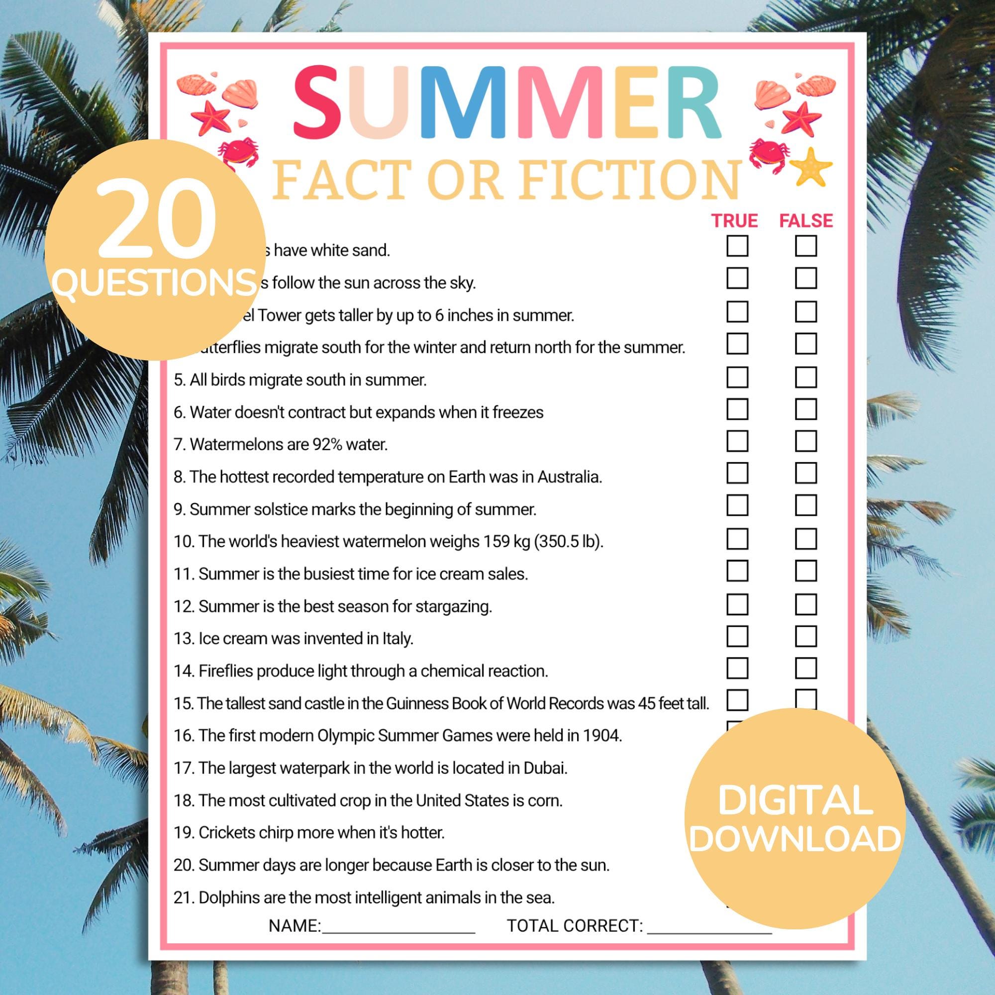 Summer Fact or Fiction Game | Summer Trivia Game | Summer True or