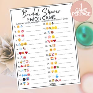 Puede incluir: Un juego de despedida de soltera imprimible con 28 pistas emoji. Los jugadores adivinan las palabras o frases representadas por los emojis. El juego est&aacute; dise&ntilde;ado para un jugador por p&aacute;gina.