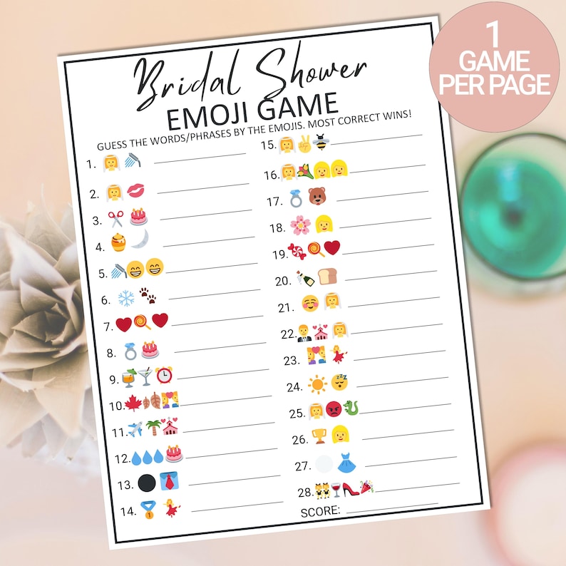 Puede incluir: Un juego de despedida de soltera imprimible con 28 pistas emoji. Los jugadores adivinan las palabras o frases representadas por los emojis. El juego est&aacute; dise&ntilde;ado para un jugador por p&aacute;gina.