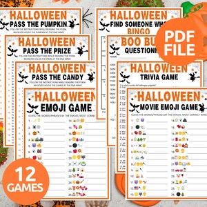 Könnte beinhalten: Eine Sammlung von druckbaren Spielen zum Thema Halloween, darunter Bingo, Quiz und Emoji-Spiele. Die Spiele zeigen gruselige Grafiken und Texte mit Titeln wie "Pass the Pumpkin" und "Movie Emoji Game". Die PDF-Datei steht zum Download bereit.
