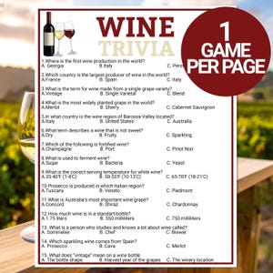 Pode incluir: Um cart&atilde;o de jogo de trivia sobre vinhos com um design vermelho e branco. O cart&atilde;o apresenta uma garrafa de vinho tinto, duas ta&ccedil;as de vinho e perguntas de trivia sobre vinhos. O cart&atilde;o &eacute; projetado para um jogo por p&aacute;gina.
