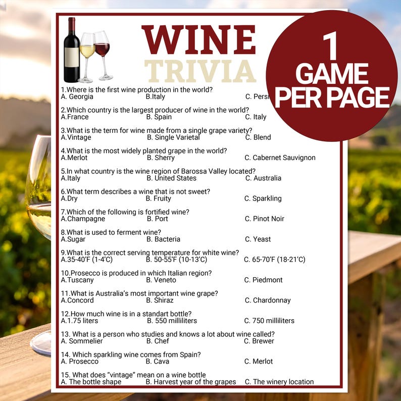 Pode incluir: Um cart&atilde;o de jogo de trivia sobre vinhos com um design vermelho e branco. O cart&atilde;o apresenta uma garrafa de vinho tinto, duas ta&ccedil;as de vinho e perguntas de trivia sobre vinhos. O cart&atilde;o &eacute; projetado para um jogo por p&aacute;gina.