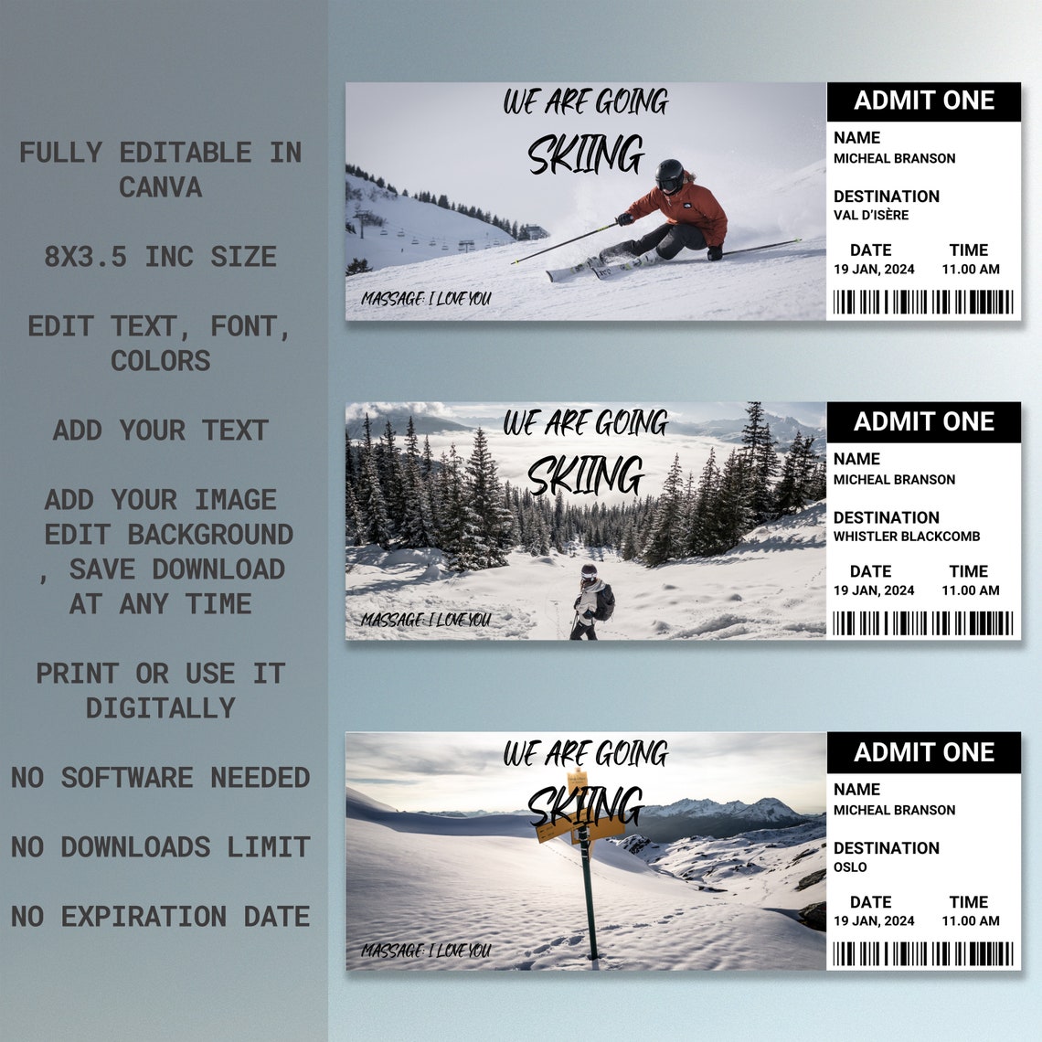 Editable Skiing Pass Ticket Template | Skiing Pass Ticket | Printable ...