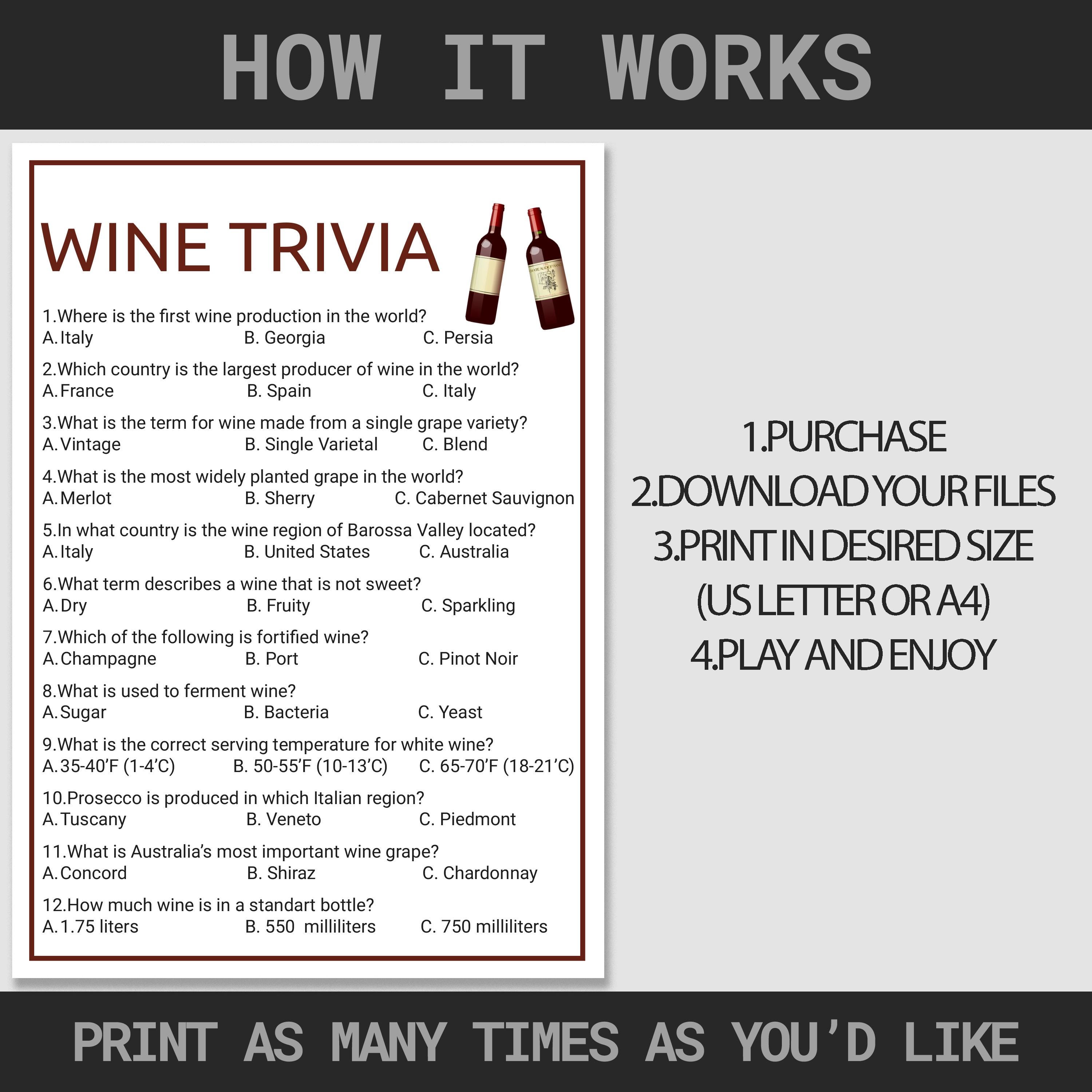 Wine Trivia Game | Printable Wine Trivia Quiz | Wine Party Trivia Game ...