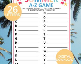 Summer Alphabet Game | Summer A To Z Word Race Game | Printable Alphabet Game | Summertime Party Game | Summer Activity for Kids and Adults