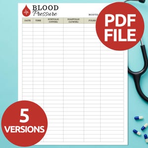 以下が含まれることがあります： 「BLOOD Pressure」の文字が上部に書かれた白い血圧記録シート。日付、時間、収縮期、拡張期、脈拍の欄があります。「PDF FILE」という文字が入った赤い丸が右上隅にあります。背景には聴診器があります。