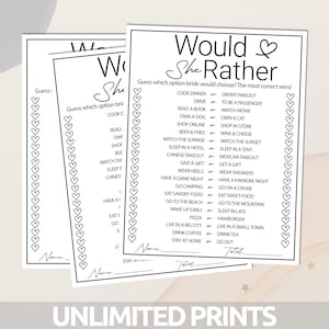 May include: A printable "Would She Rather" game for a bridal shower or hen party. The game features a list of 20 questions with two options each. Players guess which option the bride would choose. The person with the most correct answers wins.