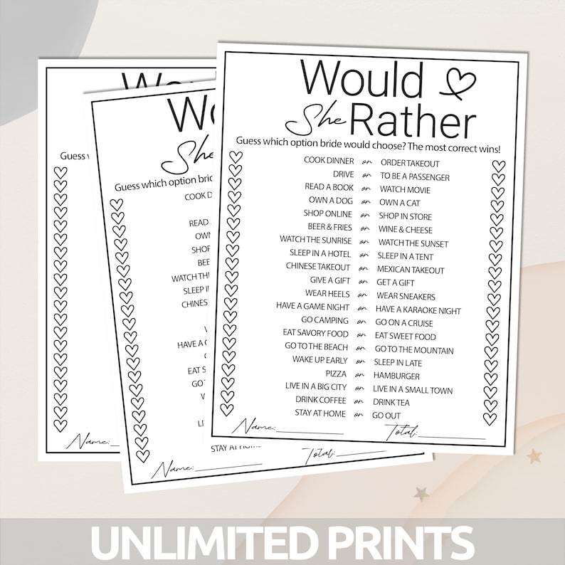 May include: A printable "Would She Rather" game for a bridal shower or hen party. The game features a list of 20 questions with two options each. Players guess which option the bride would choose. The person with the most correct answers wins.