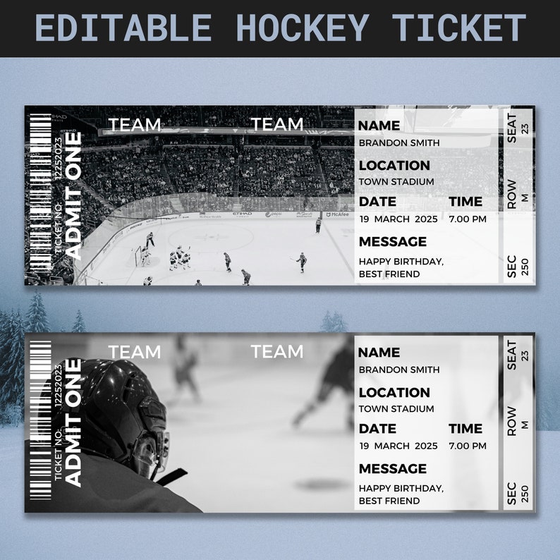 May include: Black and white printable hockey ticket template with the text "EDITABLE HOCKEY TICKET" at the top. The ticket has a barcode, the words "ADMIT ONE", and space for the team name, location, date, time, name, message, and seat number.