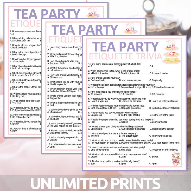 High Tea Trivia Tea Party Etiquette Trivia Game | Tea Party Etiquette Game | Tea Party ...