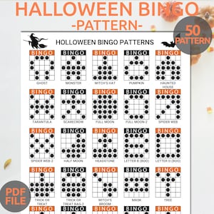 May include: A printable Halloween bingo card pattern sheet with 50 different bingo card patterns. The patterns are black and white with a black circle in each square. The sheet has a black and orange border with the text "Halloween Bingo" and "50 Patterns" in white.