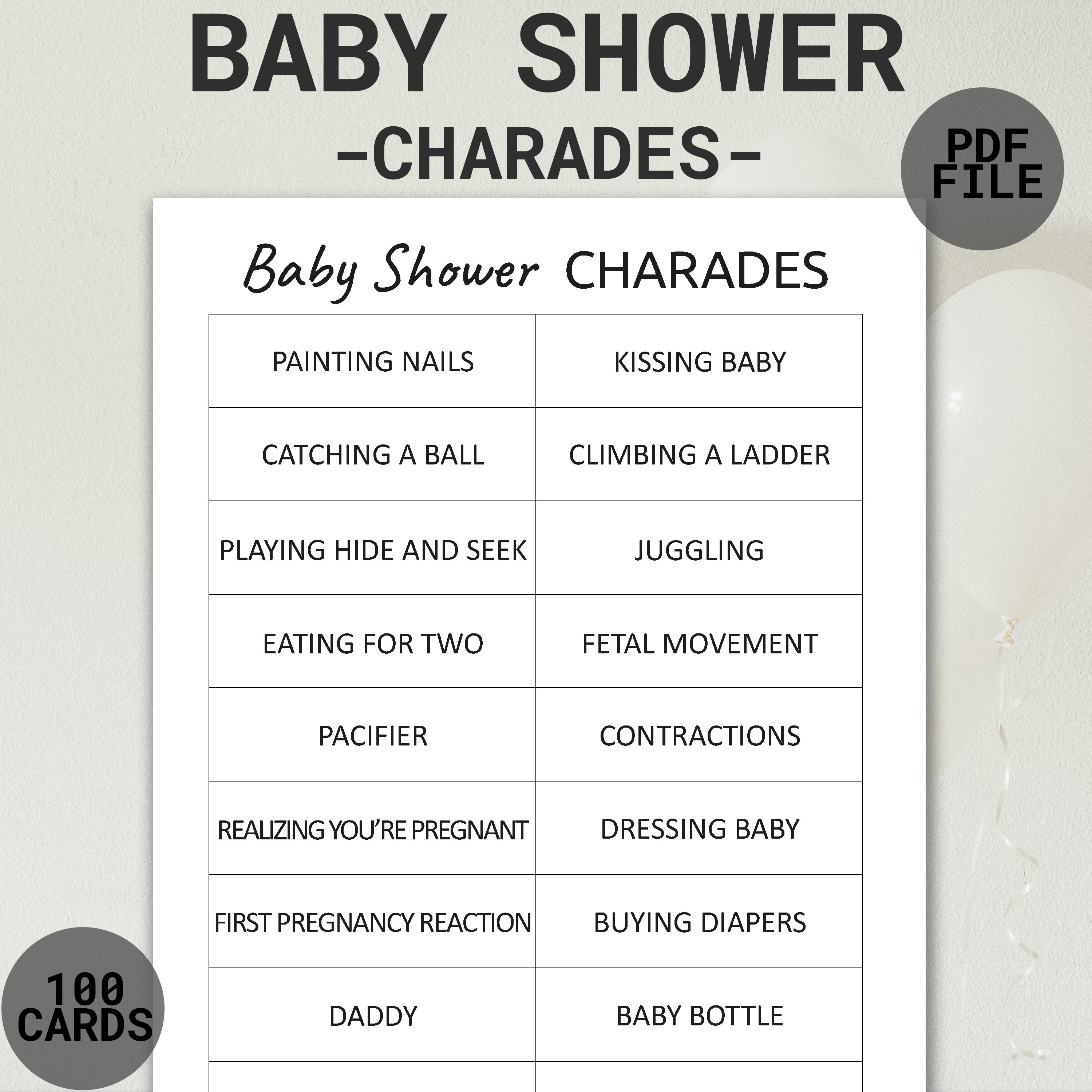 Printable Charades Game for Baby Shower Baby Shower Group Games Baby ...