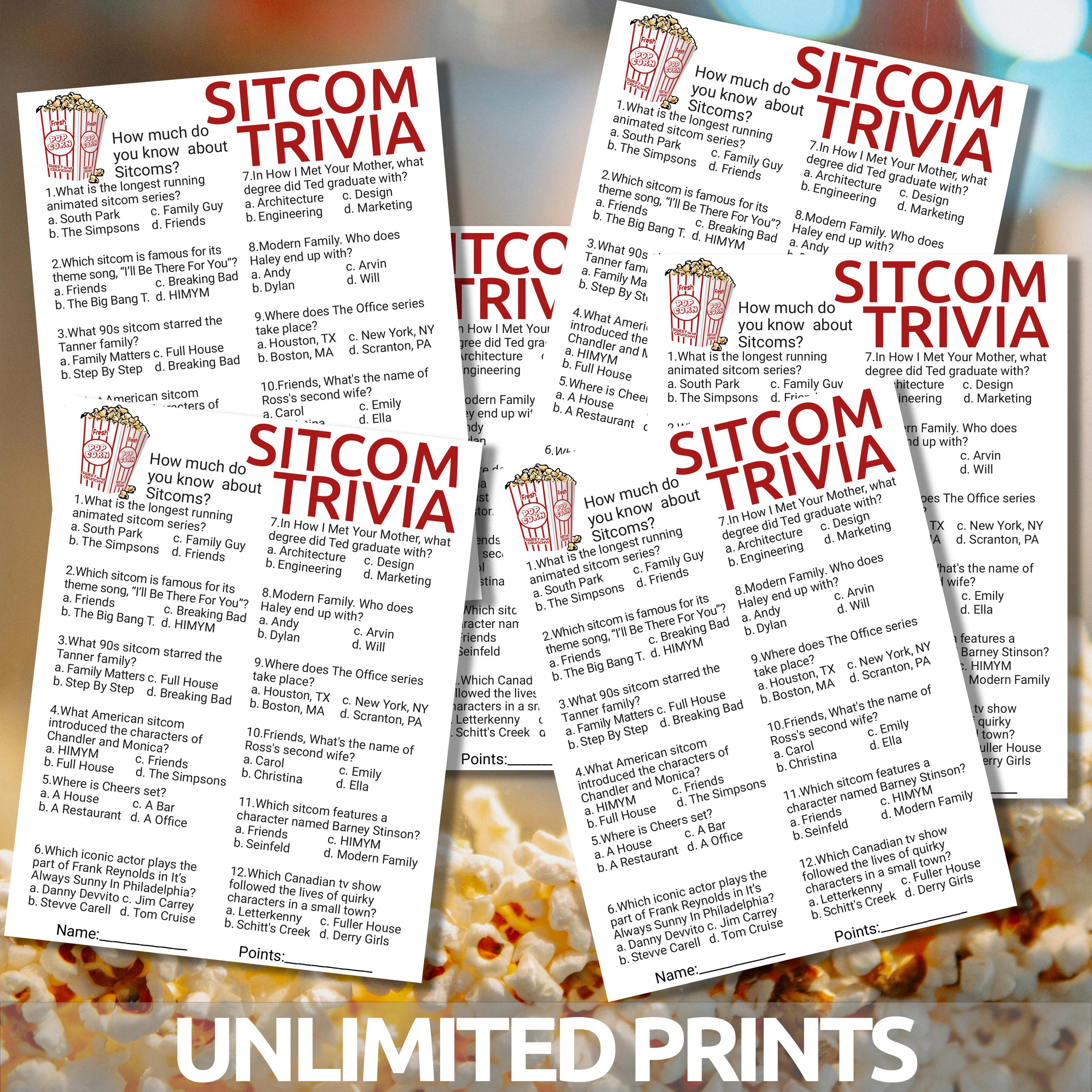 TV Sitcom Trivia Game | Printable Sitcom Trivia | Television Trivia ...