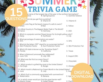 Summer Trivia Games | Printable Summer Trivia Quiz | Fun Summer Party Game | Summer Pool Party Games | Summer Activities for Adults and Kids