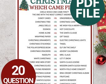 Könnte beinhalten: Ein druckbares Weihnachtsspiel mit 20 Fragen, betitelt "Christmas Which Came First?" Die PDF-Datei zeigt ein festliches Design mit einer Weihnachtsgrafik und einem rot-grünen Farbschema. Das Spiel ist als lustige Urlaubsaktivität konzipiert.