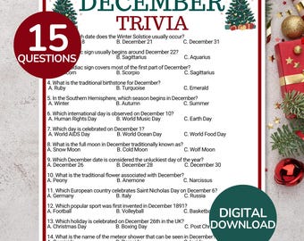 December Trivia Game | Printable Winter Season Games | Holiday Party Games | Fun Christmas Holiday Activity for Kids and Adults | Month Quiz