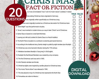 Christmas Fact or Fiction Game | Printable Christmas Trivia Games | Famiy Holiday True or False Game | Christmas Activity For Kids, Adults