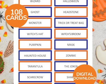 May include: A printable Halloween charades game sheet featuring 108 cards with text labels including Wizard, Ghost, Monster, Witch's Hat, Pumpkin, Haunted House, Tarantula, Scarecrow, Spider Web, Halloween, Headstone, Trick or Treat Bag, and more.