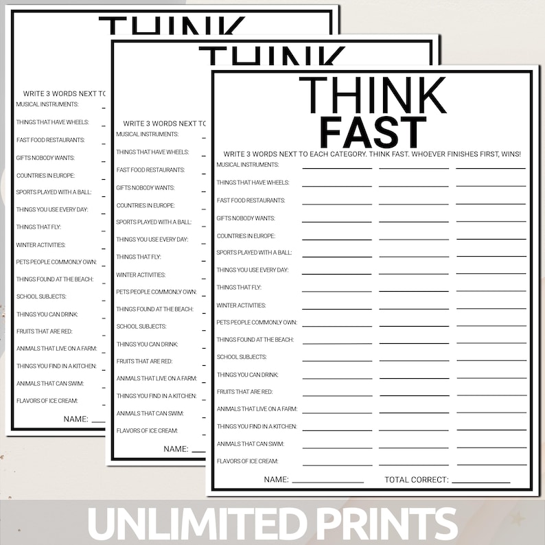 Think Fast Game | Printable Think Fast Trivia Game | Team Building Game ...