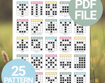May include: A printable PDF file featuring 25 spring-themed bingo patterns. Each bingo card has a unique arrangement of black dots within a grid, with themes like daisies, tulips, and butterflies. The words "Spring Bingo Patterns", "PDF File", and "25 Pattern" are also visible.