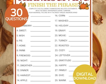 Thanksgiving Finish The Phrase Game | Printable Autumn Word Game | Thanksgiving Family Party Game | Thanksgiving Activity for Kids & Adults
