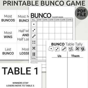 Paquete de juego Bunco imprimible, Juego Bunco, Papel imprimible Bunco minimalista, Tarjetas de puntuación, Hojas de registro, Tarjetas de mesa, Categorías de premios
