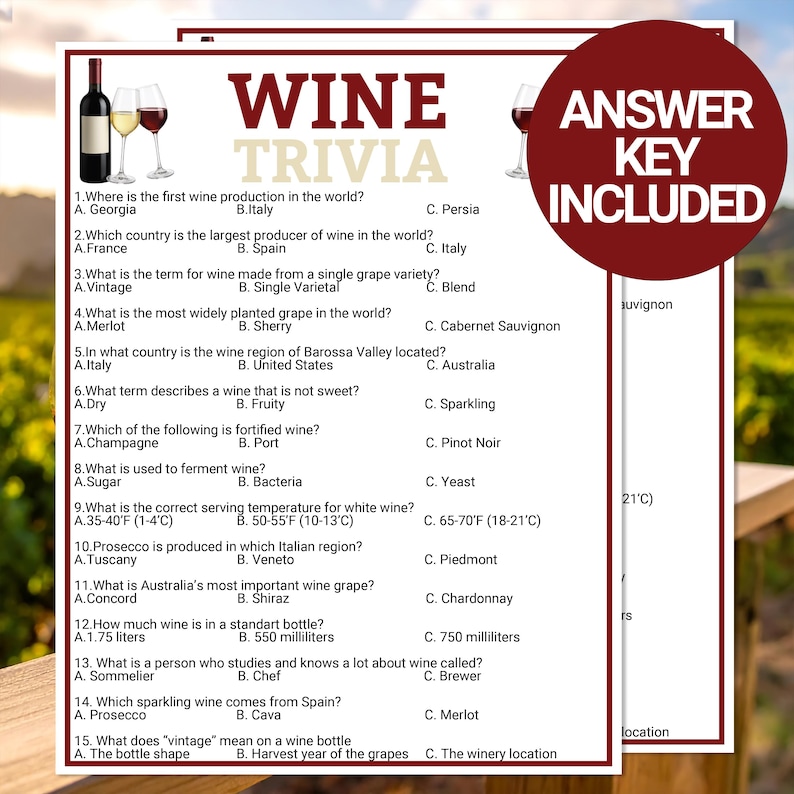 Pode incluir: Um jogo de perguntas e respostas sobre vinhos com uma chave de respostas inclu&iacute;da. O jogo apresenta perguntas sobre a produ&ccedil;&atilde;o de vinho, as castas e as temperaturas de servi&ccedil;o. O texto &eacute; em cor bord&ocirc; escuro, com um gr&aacute;fico de garrafa e ta&ccedil;as de vinho.