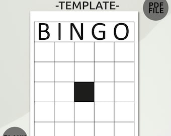 May include: A printable bingo card template with the word "BINGO" at the top and a free space in the center. The card is divided into a 5x5 grid with 25 squares.