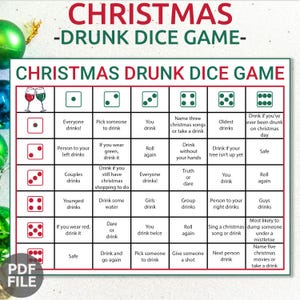 以下が含まれることがあります： 赤と緑の配色で印刷可能なクリスマスをテーマにした飲みゲーム。ゲームボードは、各マスに異なる飲み物のチャレンジが書かれた6行6列のグリッドになっています。ゲームはサイコロを使ってプレイし、指示は黒文字で書かれています。